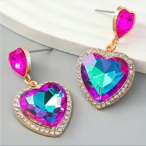Barbiecore Heart-Shaped Gemstone Rhinestone Drop Pierced Earrings